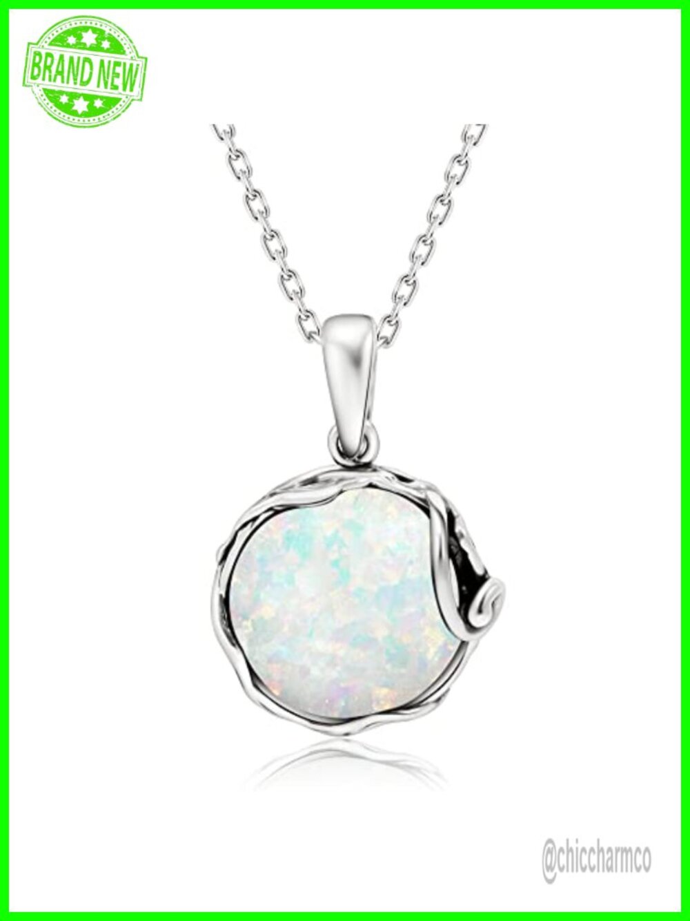 White Opal Pendant Necklace 925 Sterling Silver 14mm Round Cable Chain